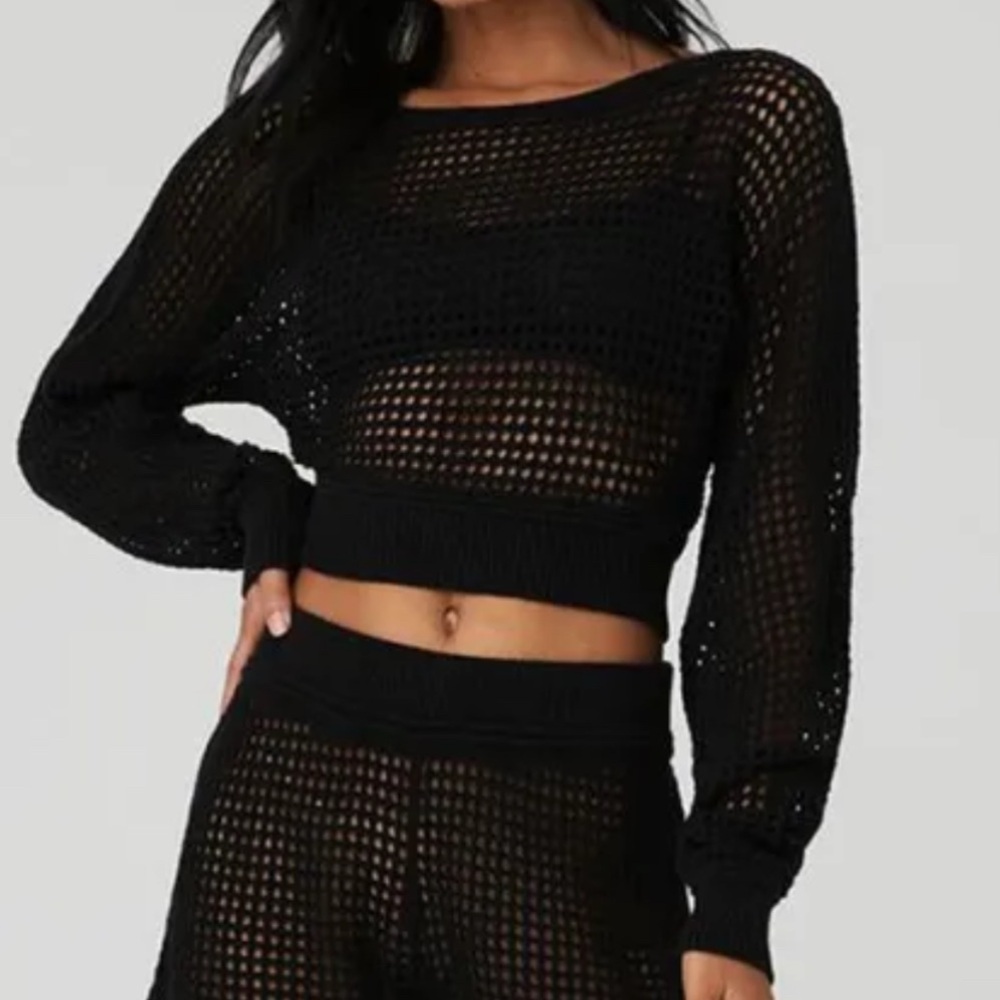 ALO CROCHET CROPPED CHASE THE SUN COVERUP - BLACK - S - Brand New w/o Tags